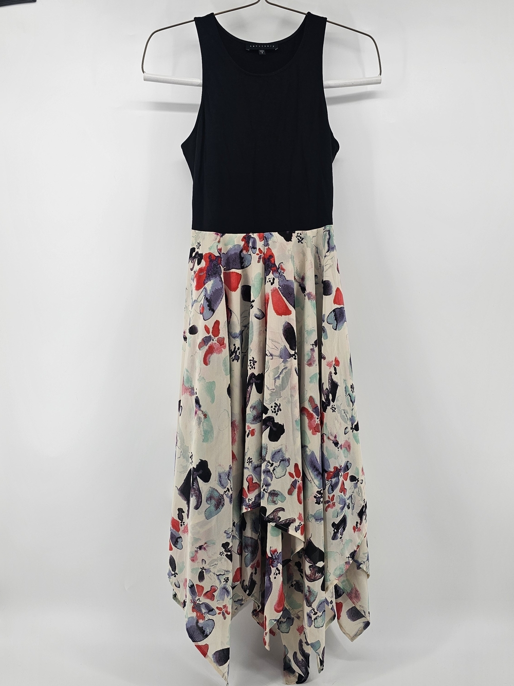 Sanctuary Mixed Media Asymmetrical Handkerchief Hem Floral Midi Dress Small S